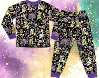 Bead Tree Mardi Gras-pyjamaset, Fat Tuesday-pyjama met lange mouwen, Louisiana Carnival-cadeau, alligator pelikaan langoesten, fleur de lis