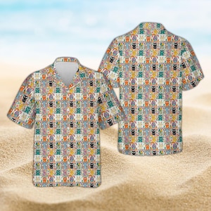 Linda camisa hawaiana de retazos con gatos, colorida camisa abotonada estilo mosaico para amantes de los gatos, camisa de vacaciones acolchada, camisa de playa de verano, regalo para mamás de gatos