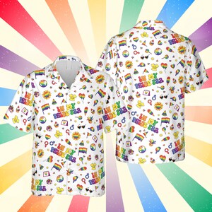 May include: White button-down shirt with a colorful Pride-themed pattern. The design includes rainbow flags, hearts, flowers, and the text "In My Pride Era". The shirt has short sleeves and a classic collar.