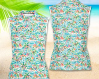 Polo tropical sans manches pour femme, chemise de golf à imprimé plage, tenue de villégiature côtière, polo de vacances d'été hibiscus étoiles de mer et coquillages