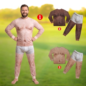 May include: A long-sleeve shirt and pants set featuring a realistic photographic print of a hairy torso and legs. The design includes a light skin tone with dark body hair patterns and a white waistband graphic on the pants. Three variations are shown.