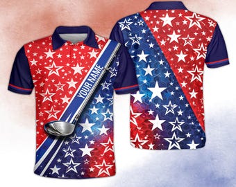 Patriotic Golf Shirt USA Flag Polo, Custom Name Golf Team Shirt, Red White Blue Golf Outfit, Gift for Golfer