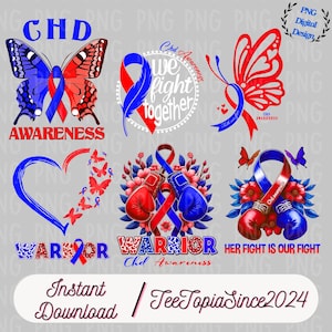 May include: A set of digital designs featuring a red and blue ribbon, butterflies, boxing gloves, and hearts. The designs include the text "CHD Awareness", "We fight together", "Warrior", and "Her fight is our fight".
