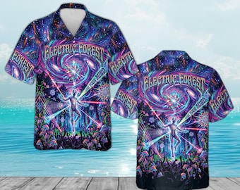 Electric Forest Shirt, EDM Festival Hawaiian Shirt, Rave Psychedelic Button Up, Music Festival Outfit, Neon Trippy Shirt