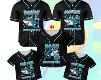 Camiseta de béisbol personalizada de tiburón para cumpleaños, camiseta a juego para la familia del cumpleañero, conjunto de béisbol con nombre personalizado para cumpleaños.