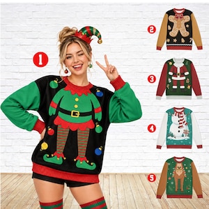 May include: A collection of five long-sleeved crewneck jumpers featuring holiday-themed graphics. The first jumper displays an elf design, the second a gingerbread man, the third a Santa Claus suit, the fourth a snowman, and the fifth a reindeer.