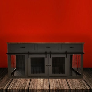 Wood Barn Door Double Dog Crate / Kennel with Drawers