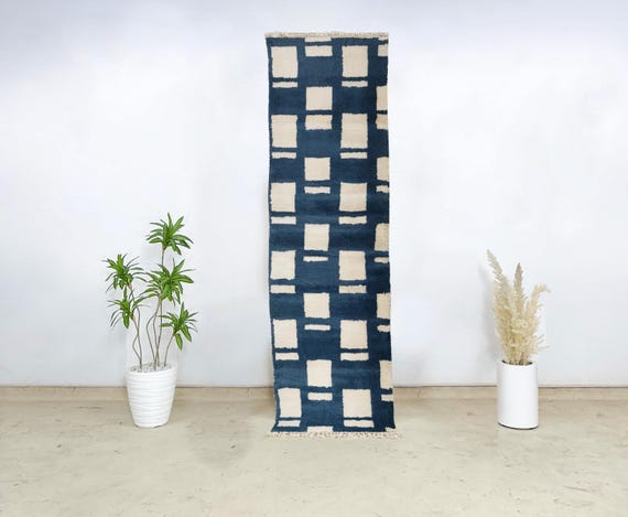 Contemporary Moroccan Runner – Wool Rug with Cream Squares on Navy Background for Entry, Kitchen or Hall – Handwoven & Premium Quality Rug