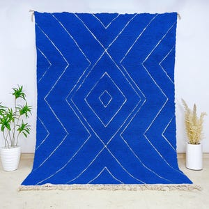 Bold Blue Beni Ourain Wool Rug with White Diamond Lines, Hand-Knotted Moroccan Tribal Carpet for Living Room, Bedroom, or Accent Area