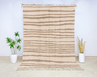 Beni Ourain Wool Area Rug, Hand-Knotted Moroccan Carpet with Taupe Stripes, Cream Boho Neutral Rug, Modern Berber Living Room Decor
