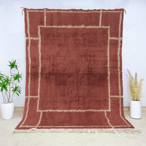 Colorful Rust Red Wool Area Rug, Hand-Knotted Beni Ourain Moroccan Carpet, Authentic Berber Rectangular Pattern Rug for Living Room Decor