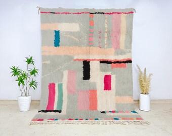 Beni Ourain Moroccan Wool Rug in Grey with Hot Pink, Peach & Teal Accents, Abstract Hand-Knotted Carpet for Boho Bedroom or Living Room