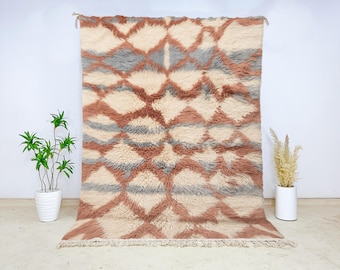 Beni Ourain Wool Rug Cream with Brown Gray Diamond Pattern, Handmade Moroccan Berber Carpet for Boho Modern Living Room Bedroom Cozy Decor