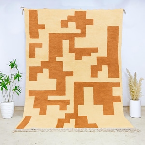 Terracotta Pixel Wool Rug | Abstract Modern Moroccan Berber Carpet in Cream | Hand-Knotted Area Rug for Neutral, Boho & Urban Interiors