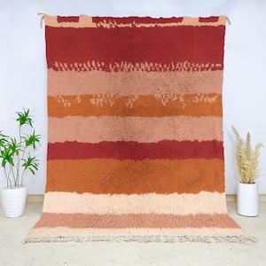 Handmade Moroccan Wool Rug – Warm Earth-Tone Striped Berber Carpet, Plush Hand-Knotted Boho Area Rug for Living Room, Bedroom, or Office