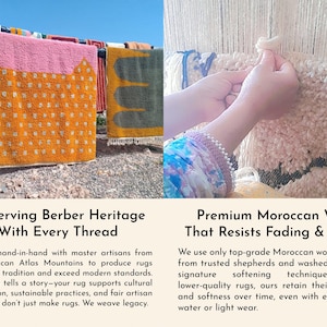 May include: A display of colorful Berber rugs, including orange, pink, and green designs, hanging outdoors. The image also shows hands working on a white wool rug. The text reads "Preserving Berber Heritage" and "Premium Moroccan Wool".