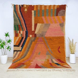 Multicolor Abstract Wool Rug, Modern Moroccan Berber Carpet in Orange Pink Green, Plush Handwoven Boho Accent for Living Room & Bedroom