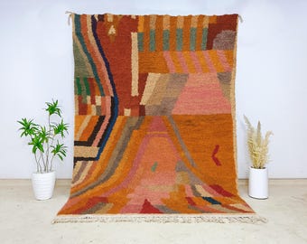 Multicolor Abstract Wool Rug, Modern Moroccan Berber Carpet in Orange Pink Green, Plush Handwoven Boho Accent for Living Room & Bedroom