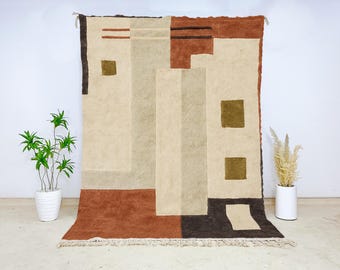 Authentic Beni Ourain Moroccan Wool Rug – Modern Abstract Geometric Pattern in Rust, Olive & Cream – Hand-Knotted Berber Area Carpet