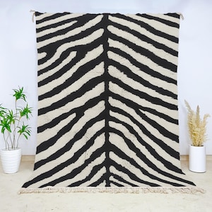 Zebra Print Moroccan Wool Rug in Black and Cream, Hand-Knotted Beni Ourain Berber Carpet for Bold Safari, Boho, or Modern Interiors