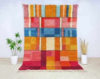 Beni Ourain Marokkanischer Wollteppich - Handgeknüpfter mehrfarbiger Berberteppich mit mutigen abstrakten geometrischen Blöcken für ein modernes oder Boho Home Dekor