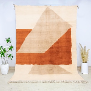 Terracotta Geometric Wool Rug | Hand-Knotted Moroccan Berber Carpet | Abstract Cream Tan Area Rug for Modern Living Room Interiors