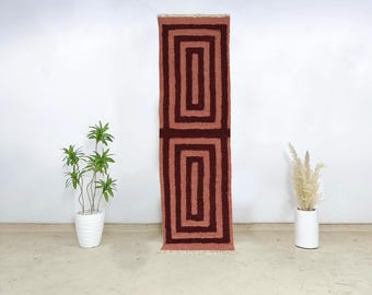 Handwoven Moroccan Runner – Terracotta Wool Rug with Tribal Boxed Pattern in Burgundy for Long Hallway or Entry – Plush & Premium Quality