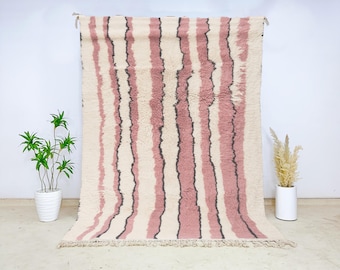 Beni Ourain Wool Rug Cream Blush Pink Wavy Stripes, Handmade Moroccan Berber Carpet for Boho Chic Living Room Bedroom Modern Cozy Decor
