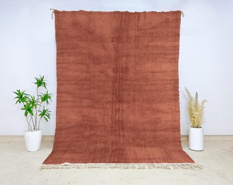 Beni Ourain Moroccan Wool Rug, Hand-Knotted Berber Carpet, Solid Terracotta Plush Area Rug for Modern Boho or Minimalist Home Interiors