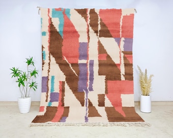 Geometric Moroccan Wool Rug, Abstract Hand-Knotted Beni Ourain Carpet, Colorful Berber Area Rug for Boho, Modern or Artistic Interiors