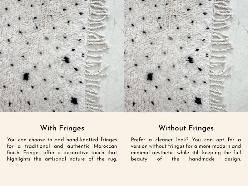 May include: Close-up of a white rug with black spots and fringed edges. The rug has a textured, plush appearance. The image shows the option of adding hand-knotted fringes for a traditional Moroccan finish.