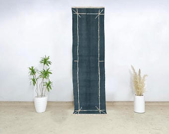 Moroccan Wool Runner Rug – Handknotted Blue Carpet with Minimalist Bordered Design for Entryway, Hallway or Kitchen – Elegant & Authentic