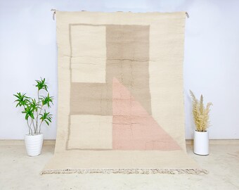 Geometric Moroccan Wool Rug, Modern Abstract Hand-Knotted Berber Carpet with Pink and Beige Blocks, Minimalist Area Rug for Living Room
