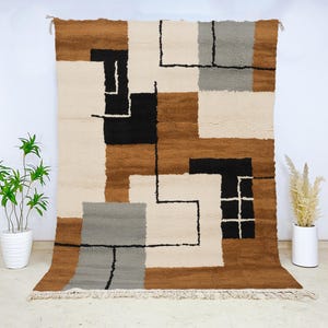 Modern beni ourain Wool Rug, Hand-Knotted Moroccan Carpet in Cream Brown Gray Black, Abstract Geometric Berber Area Rug for Living Room