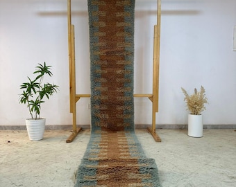 Handgeknoopt Beni Ourain Marokkaans lopertapijt, bruingroen geometrisch wollen tapijt, berbervloerkleed voor haldecor