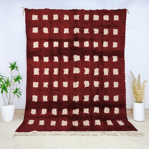 Authentic Berber Beni Ourain Burgundy Grid Wool Rug | Handmade Moroccan Area Carpet | High Quality Check Pattern Plush Wool Living Decor