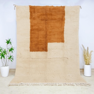 Terracotta Block Moroccan Wool Rug, Modern Minimalist Berber Carpet, Abstract Handmade Cream Wool Area Rug for Living Room or Office