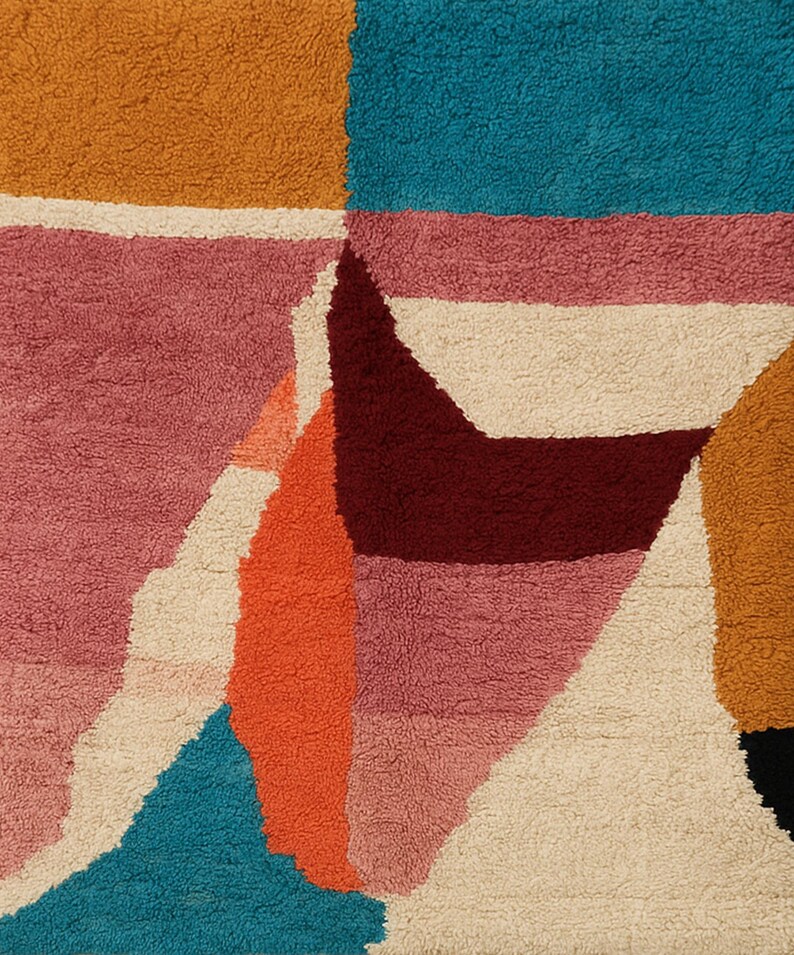 May include: Abstract geometric rug with a textured, plush surface. The rug features a patchwork design with blocks of color including teal, burgundy, orange, pink, cream, and gold. The rug's design is modern and colorful, suitable for a living room or bedroom.