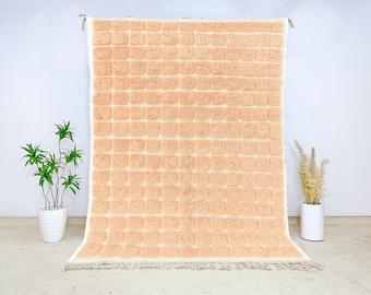 Peach Grid Moroccan Wool Rug, Hand-Knotted Beni Ourain Carpet, Soft Plush Checkered Area Rug, Boho Modern Cozy Wool Floor Decor