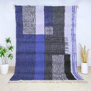 Geometric Berber Rug in Blue and Grey – Handmade Moroccan Beni Ourain Carpet, Wool Area Rug for Modern Minimalist Interiors - Custom Size