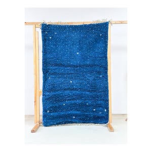 Handmade Beni Ourain Wool Rug Deep Blue Ivory Small Dots, Plush High Knot Moroccan Carpet, Authentic Berber Soft Area Rug for Living Room