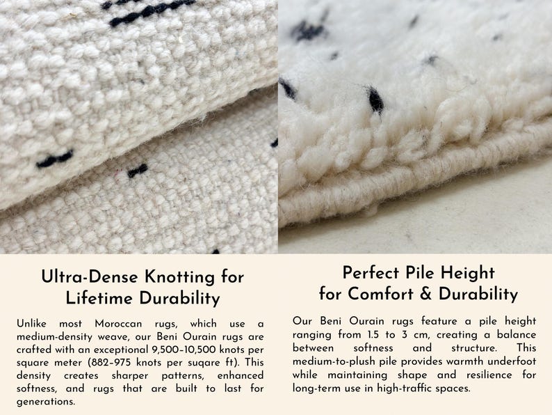 May include: Close-up of a white Beni Ourain rug with black flecks. The rug has a dense knotting for durability and a pile height of 1.5 to 3 cm for comfort. The text on the image says "Ultra-Dense Knotting for Lifetime Durability" and "Perfect Pile Height for Comfort & Durability."