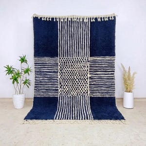 Hand-Knotted Navy Blue Beni Ourain Rug – Ivory Checkered Moroccan Carpet