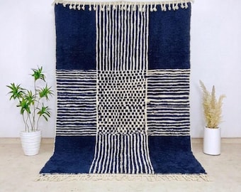 Hand-Knotted Navy Blue Beni Ourain Rug – Ivory Checkered Moroccan Carpet