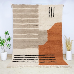 Modern Moroccan Wool Rug, Abstract High Pile Berber Carpet in Taupe, Terracotta & Black, Hand-Knotted Floor Art for Living Spaces
