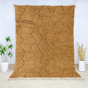Solid Brown Moroccan Wool Rug, Hand-Knotted Berber Carpet with Subtle Geometric Texture, Plush Floor Decor for Living or Bedroom
