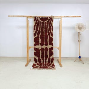 Moroccan Wool Runner Rug, Beni Ourain Tribal Red Beige Design, Soft Plush Handwoven Carpet for Rustic Corridor or Kitchen Decor