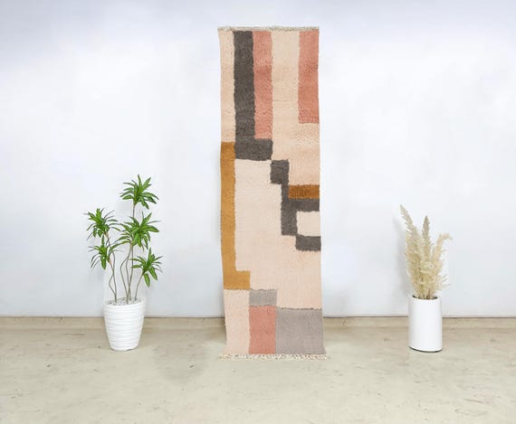 Blush Mustard Cream Wool Runner, Geometric Moroccan Beni Ourain Carpet, Hand-Knotted Abstract Boho Hallway Rug in Soft Earthy Tones
