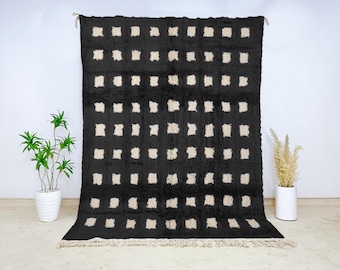 Black Checkered Moroccan Wool Rug, Authentic Berber Beni Ourain Carpet with Soft Cream Squares for Living Room or Bedroom Decor