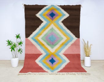 Colorful Moroccan Wool Rug, Beni Ourain Tribal Diamond Carpet, Hand-Knotted Berber Area Rug, Boho Multicolor Geometric Floor Decor